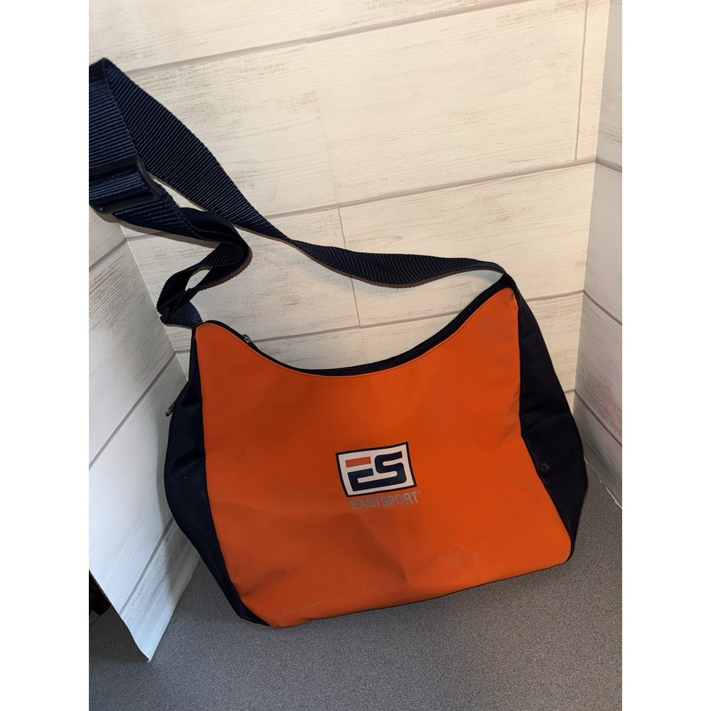 Vtg Eastport Large Crossbody Bag, Zippered , Side Pocket , Orange Black‎ Logo